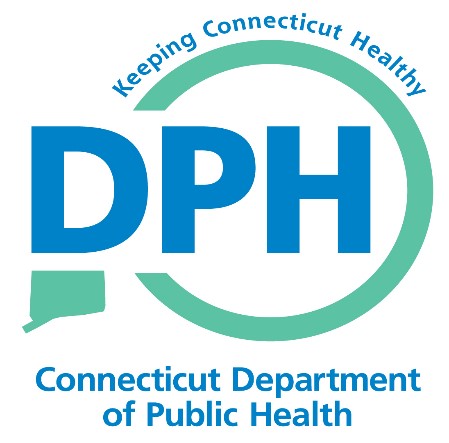 Logo for the Connecticut Department of Public Health. Large blue letters “DPH” appear in the center with a light teal circular arc surrounding the letters. Above the arc is the phrase “Keeping Connecticut Healthy.” Below the letters is a small teal silhouette of the state of Connecticut. At the bottom, the text reads “Connecticut Department of Public Health” in blue.
