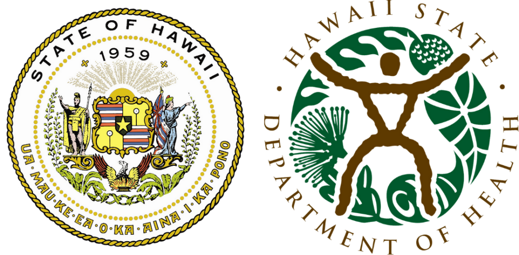 Two side‑by‑side circular emblems. On the left is the official Seal of the State of Hawaii, featuring a shield with multicolored stripes, flanked by two human figures, with a rising sun, taro leaves, a phoenix, and the motto “Ua Mau ke Ea o ka Aina i ka Pono,” along with the year 1959. On the right is the logo of the Hawaii State Department of Health, showing a stylized human figure with outstretched arms and legs inside a circle filled with green plant and nature motifs, surrounded by the text “Hawaii State Department of Health.