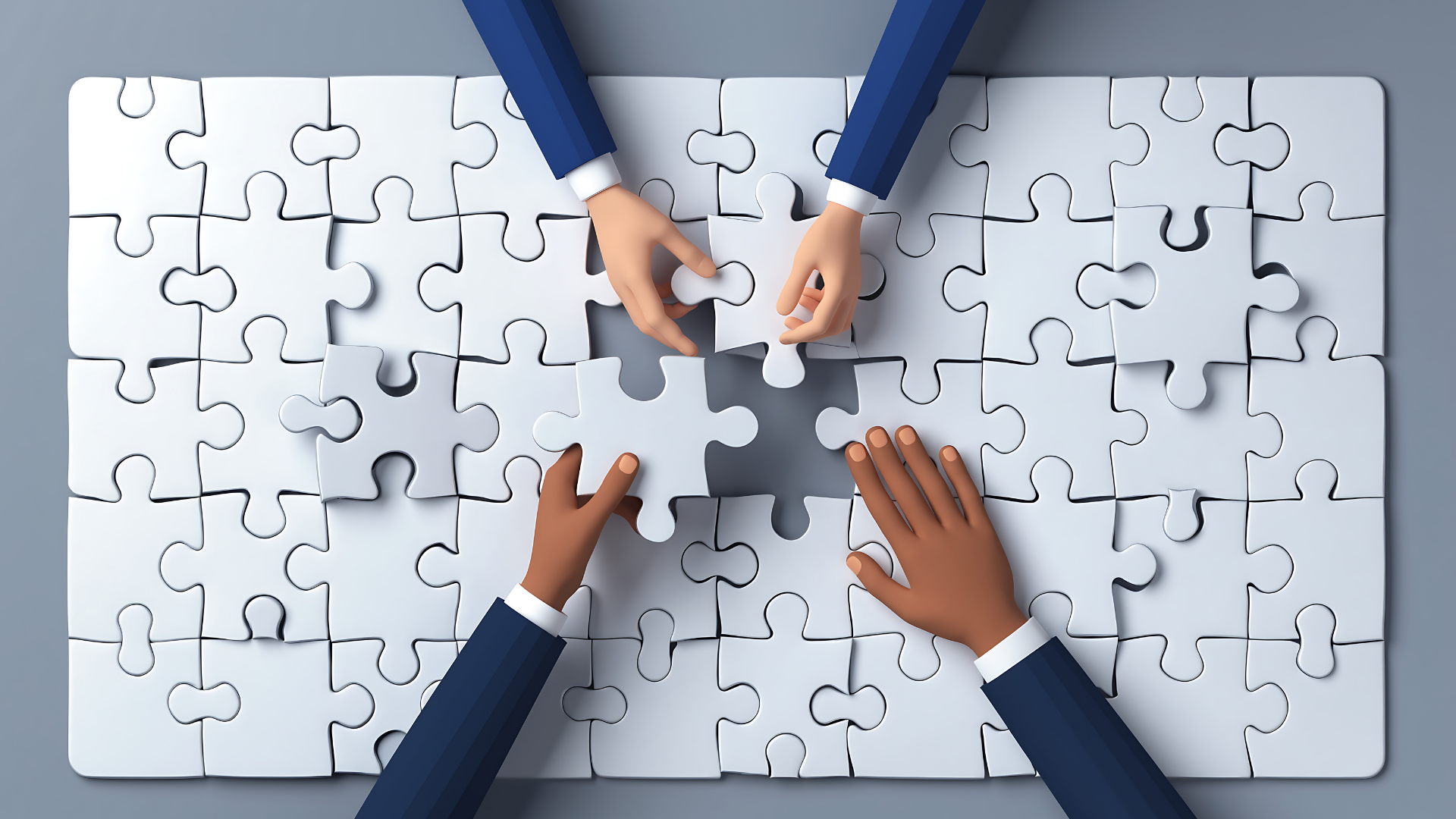 Two sets of hands putting a puzzle together