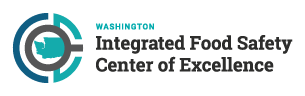 go for the Washington Integrated Food Safety Center of Excellence. The image features a circular emblem with a stylized magnifying‑glass design surrounding the outline of the state of Washington, followed by the text “Washington Integrated Food Safety Center of Excellence.